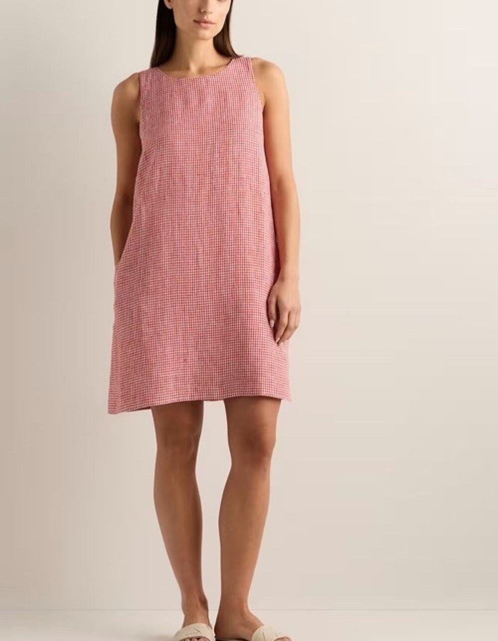 Quince European Linen Shift Dress Mini Gingham Red White Sleeveless Picnic Sz S